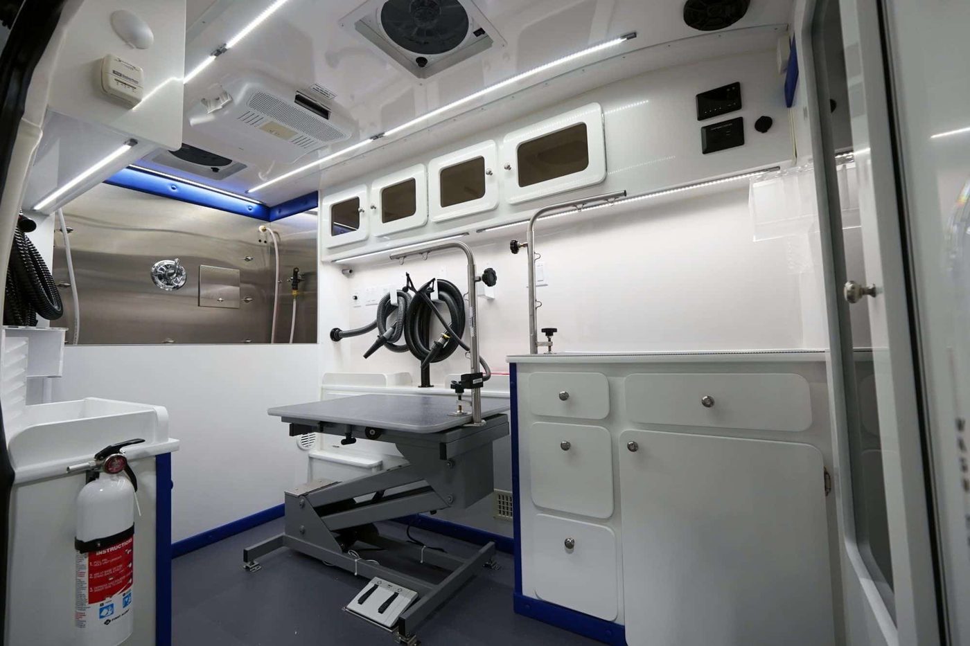 Groomer with a dog beside an open Dyna Groom van