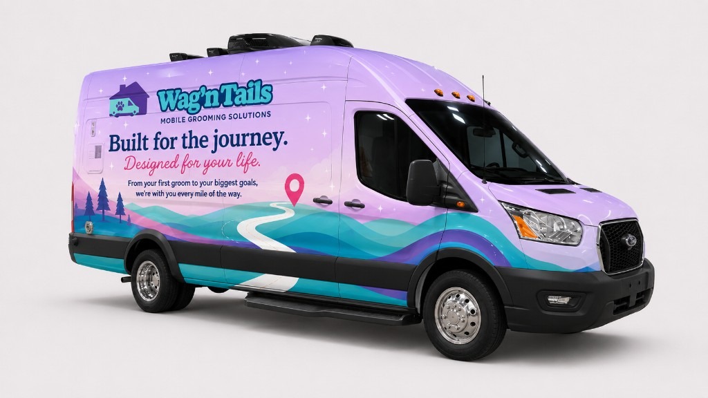 Dyna Groom Van™ exterior with Wag'n Tails Built for the journey wrap