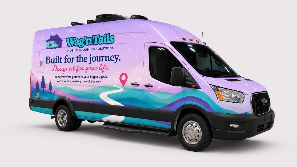 Dyna Groom Van™ exterior with Wag'n Tails Built for the journey wrap