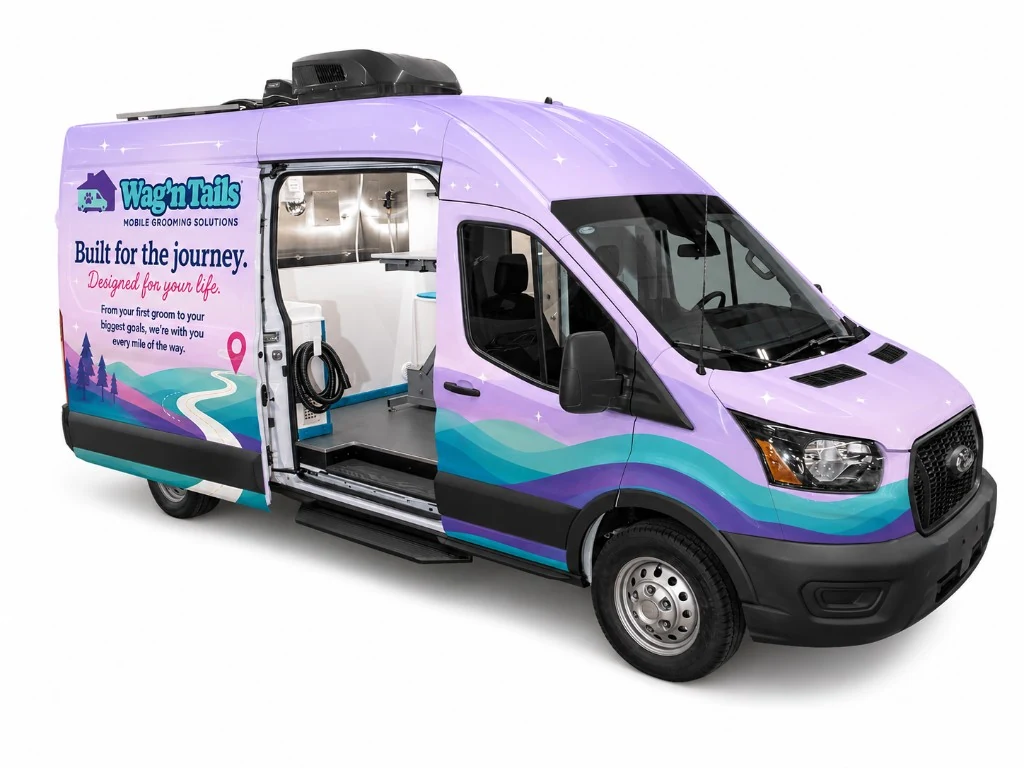 Pet Pro+ Groom Van™ exterior with Wag'n Tails Built for the journey wrap