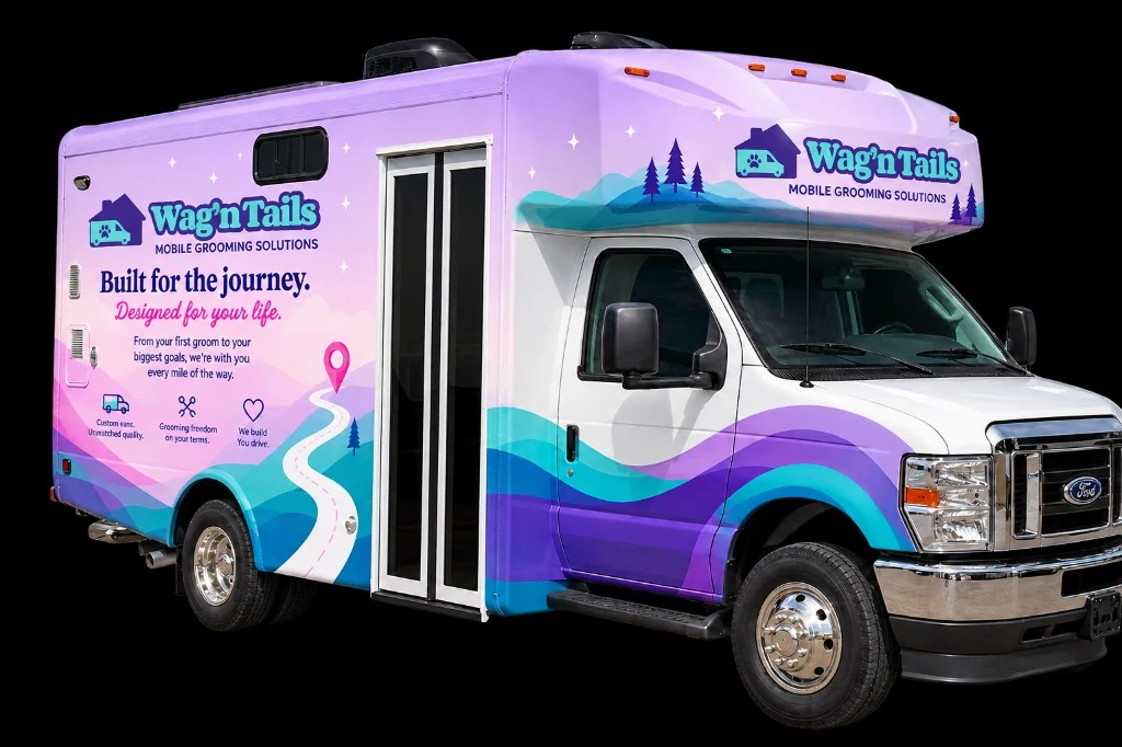 Pet Stylist Elite Groom Van™ exterior with Wag'n Tails Built for the journey wrap