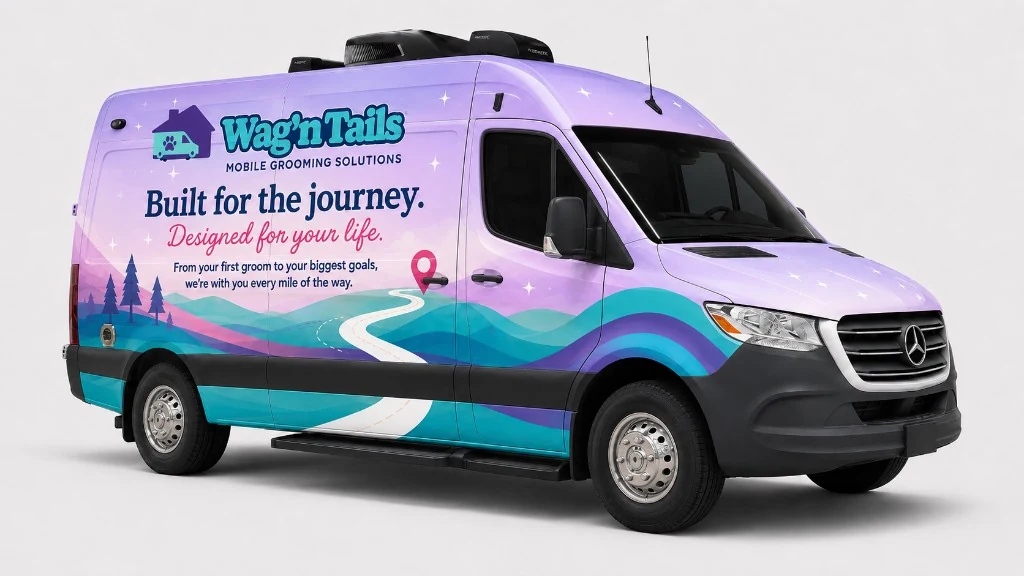 Supreme Groom Van™ exterior with Wag'n Tails Built for the journey wrap