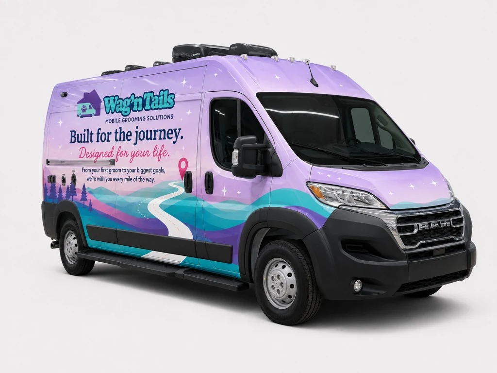 Ultra Groom Van™ exterior with Wag'n Tails Built for the journey wrap