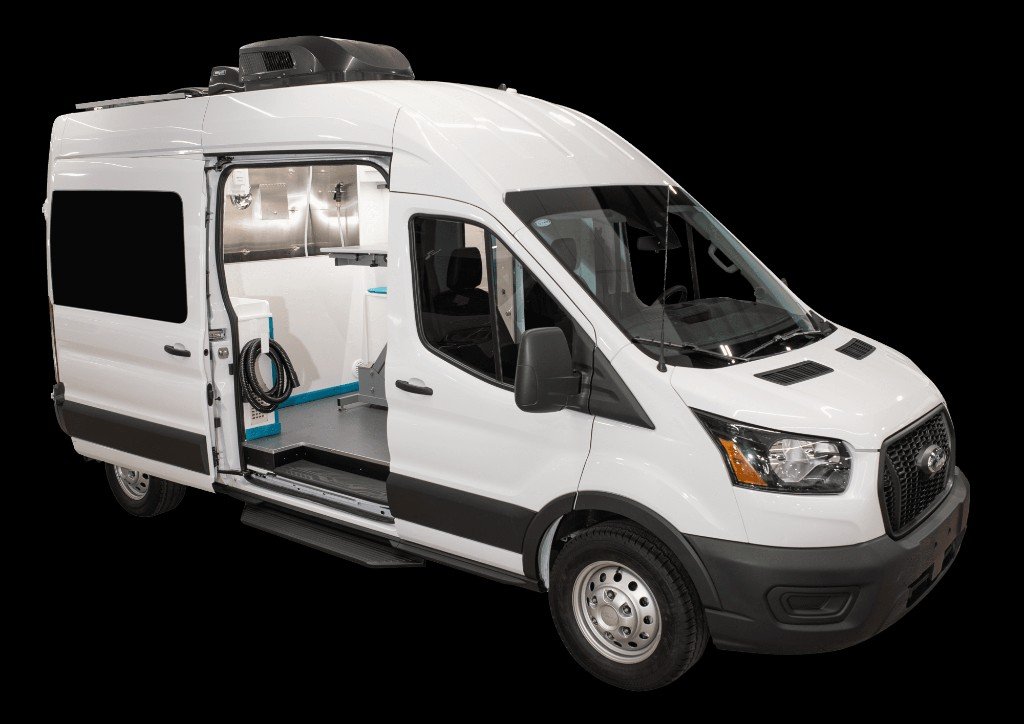 Pet Pro+ Groom Van™ Ford Transit exterior with side door open on a black studio backdrop