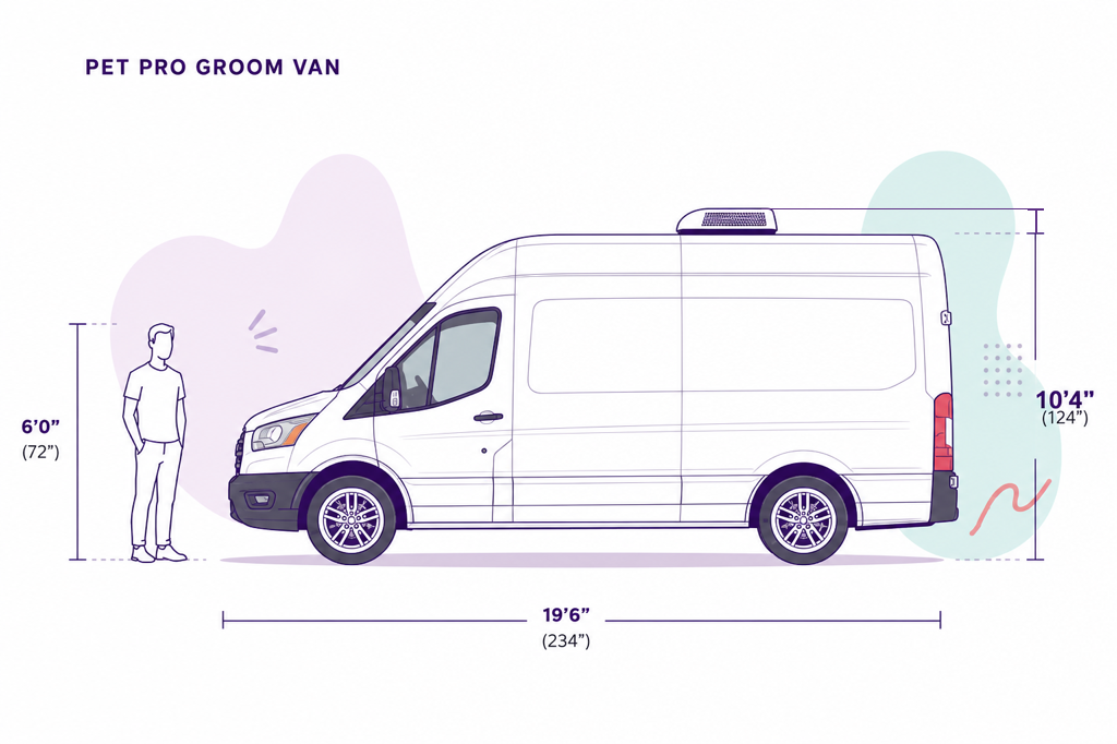 Scale diagram of the Pet Pro+ Groom Van beside a 6-foot person. Brochure specs: 19 feet 6 inches long and 10 feet 4 inches tall with A/C.