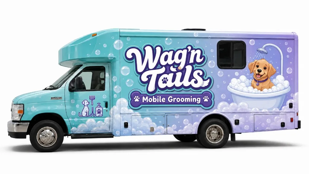 Studio side view of a Wag'n Tails Pet Stylist Elite on a Ford E-450 cutaway with teal-to-purple wrap