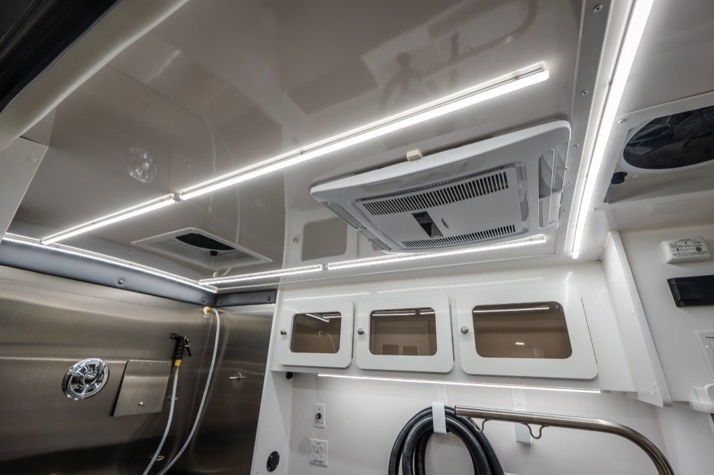 Ceiling A/C, LED strips, and overhead cabinets