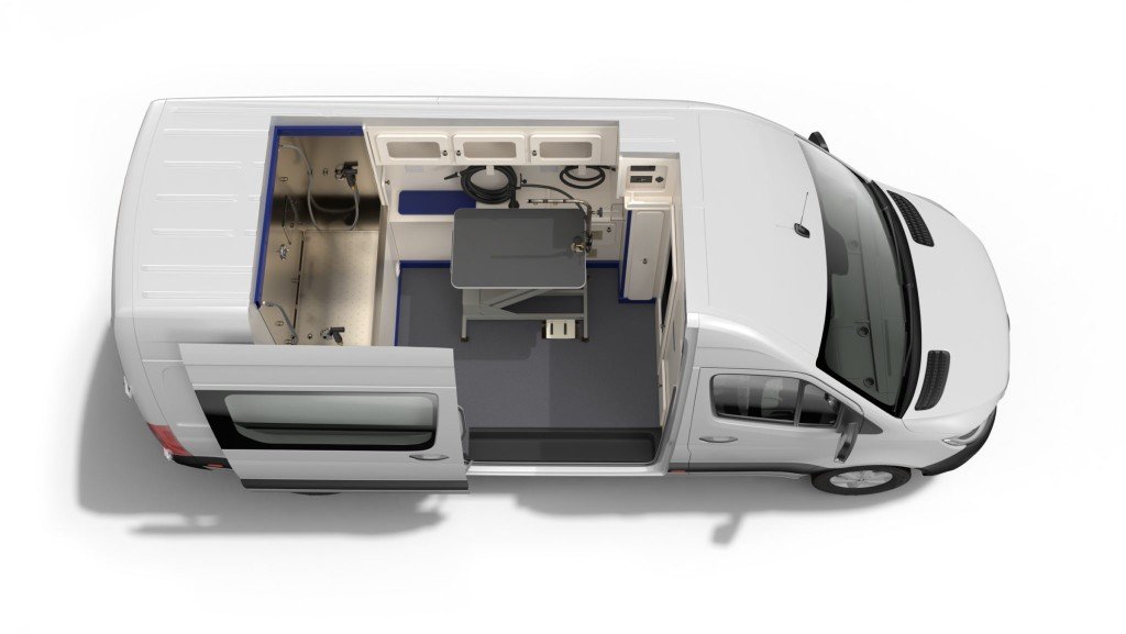 Quantum Groom Van 3D cutaway render of the salon layout