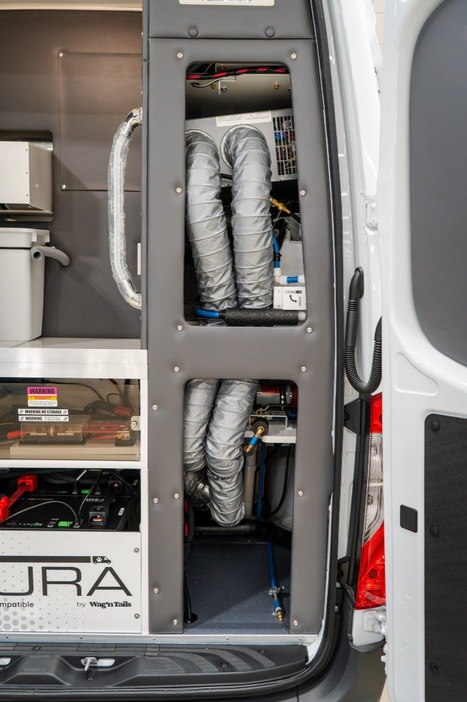 Rear mechanical stack with Endura branding, HVAC ducting, and protected electrical bay