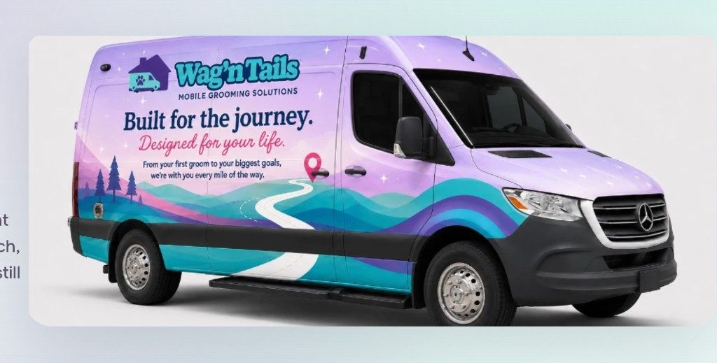 Supreme Groom Van™ Mercedes Sprinter with Wag'n Tails lavender and teal branded wrap