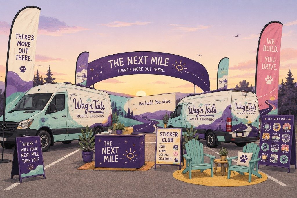 The Next Mile tradeshow booth concept with vans, lounge chairs, and sunset branding