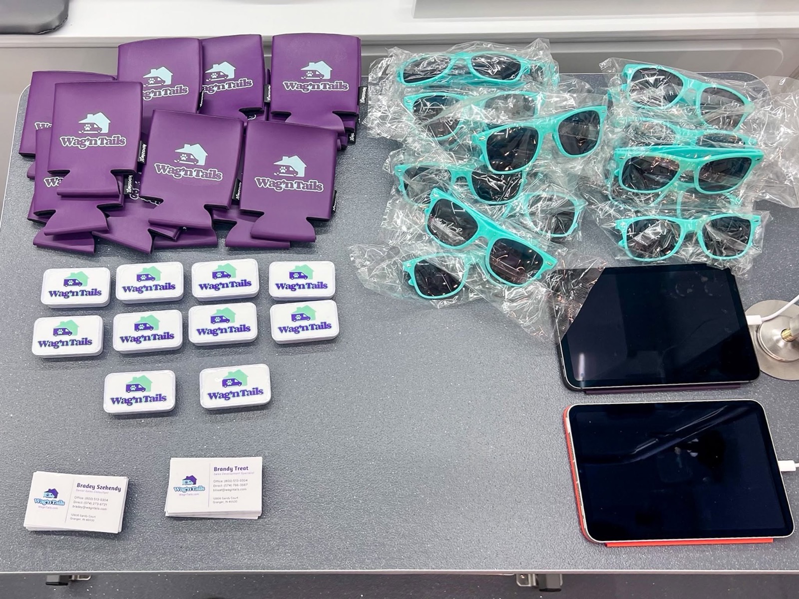 Wag'n Tails tradeshow swag laid out for the booth