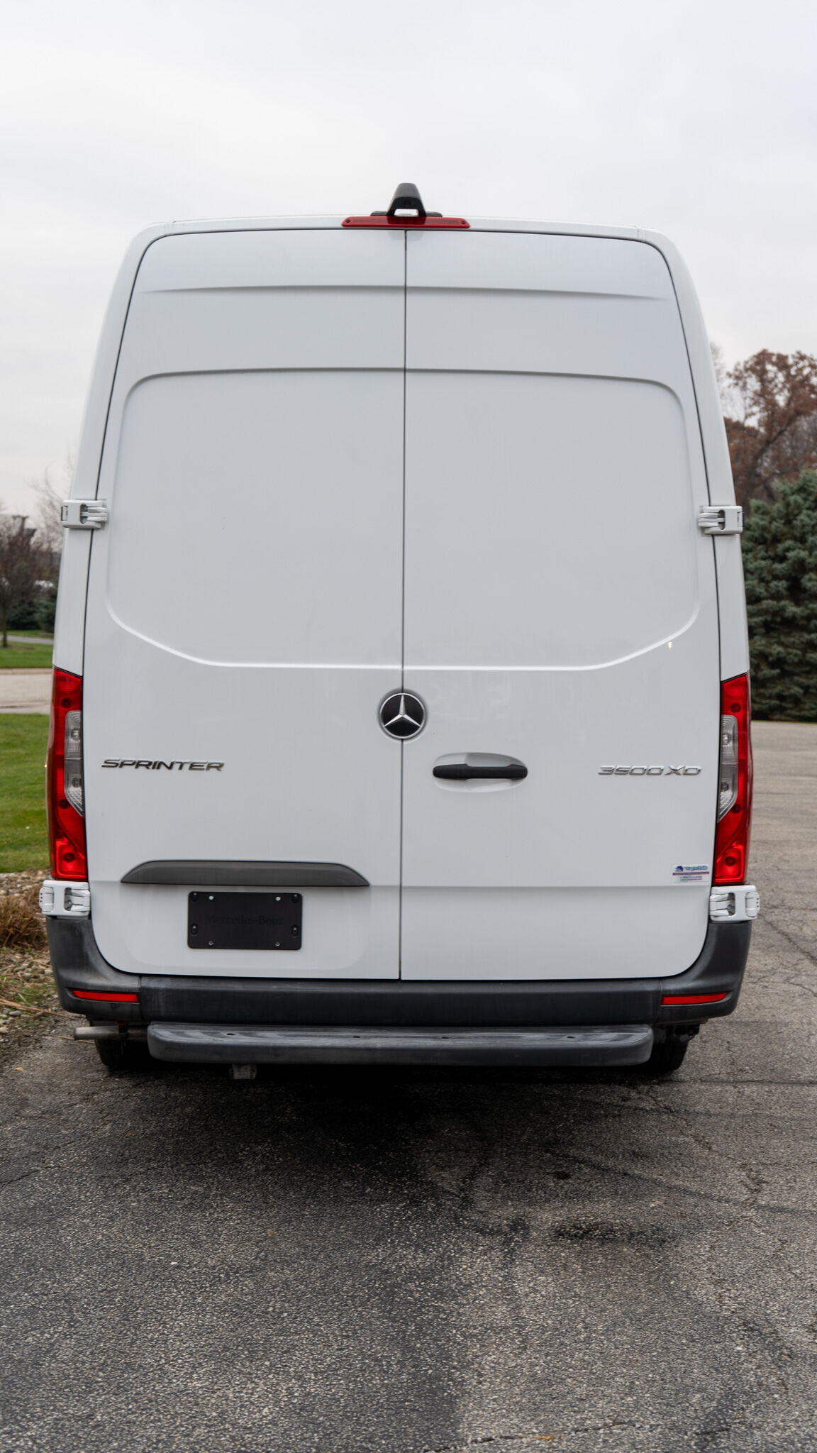 Rear view of a white Mercedes-Benz Sprinter van parked, showing closed back doors and emblem in the center