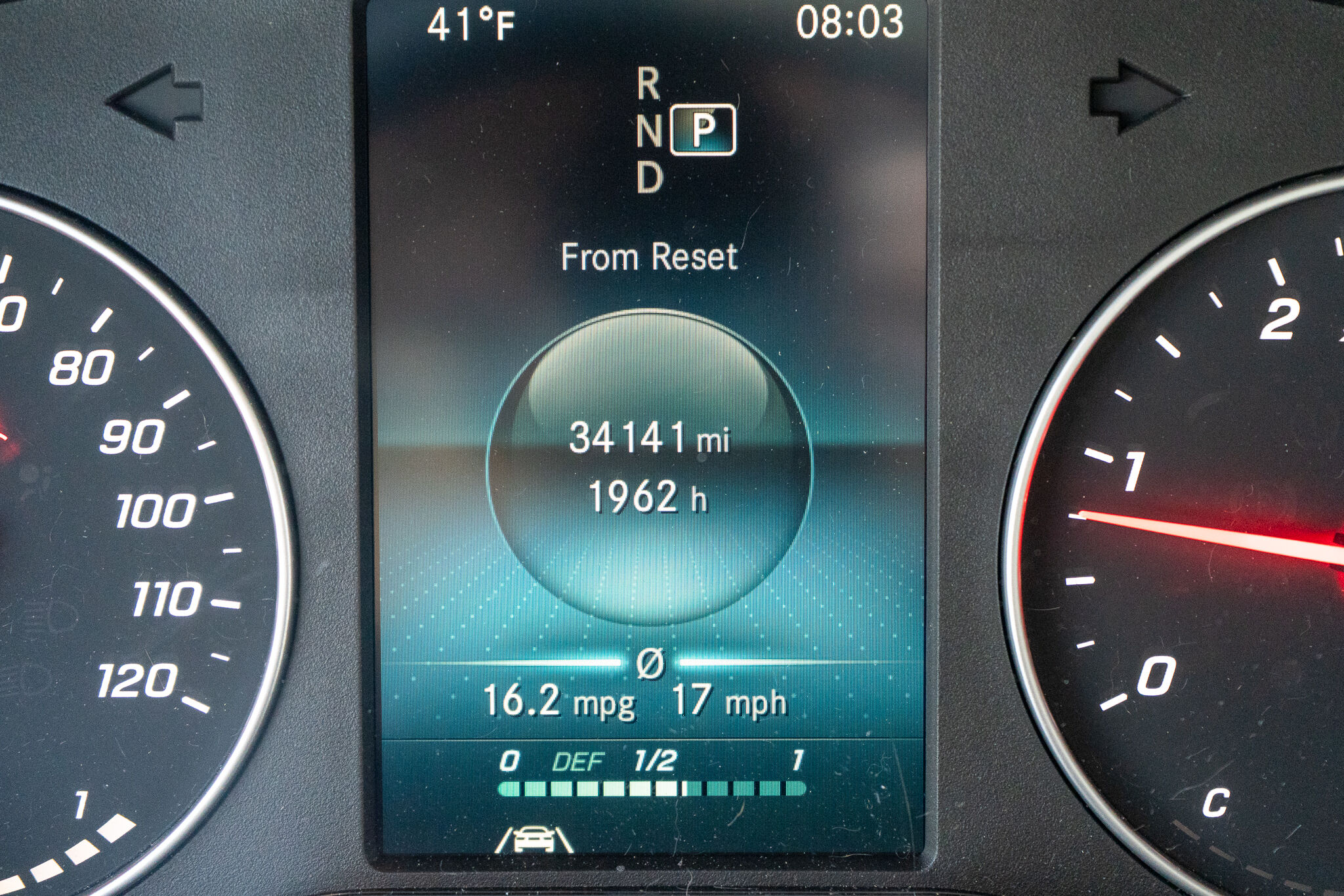 Center display shows gear in Park, temp 41°F, time 08:03, odometer 34,141 mi, 1,962 h, 16.2 mpg.